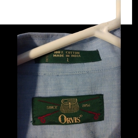 Vintage Orvis Fishing Lightweight Short Sleeved Chambray 1 Pocket Button Down L - Picture 2 of 11